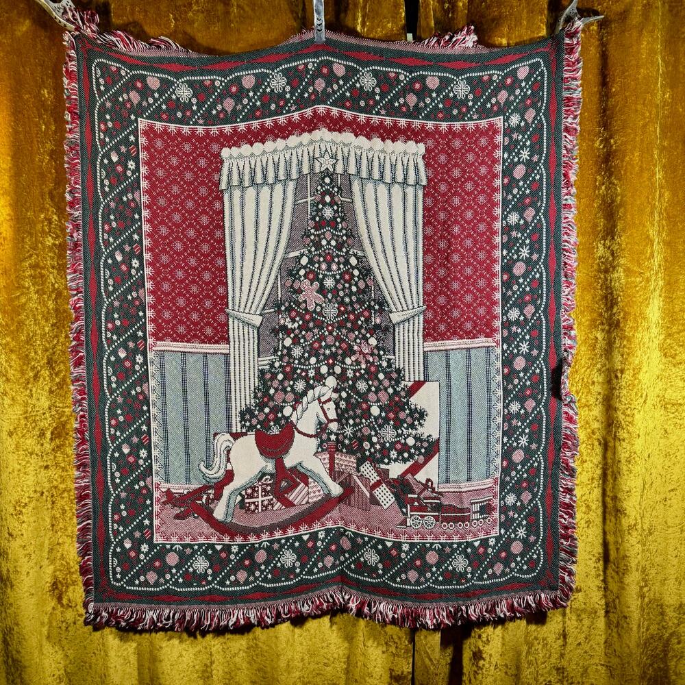 Vintage 1990s American Weavers Christmas Tree Rocking Horse Woven Tapestry Throw